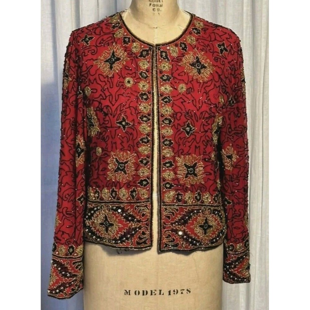 Vintage Adrianna Papell Red Silk Exquisite Beaded Evening Jacket Size 8 - Picture 14 of 16